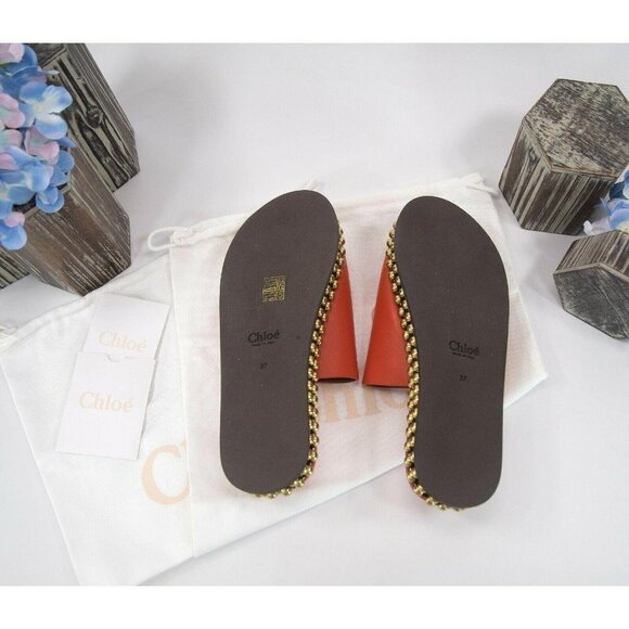 Chloe Orange Leather Bead Chain Flat Mules Slides - Picture 7 of 7